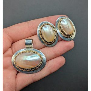 VHC Sterling Silver & 14KT GF Mabe Blister Pearl Pendant Earrings Jewelry Set